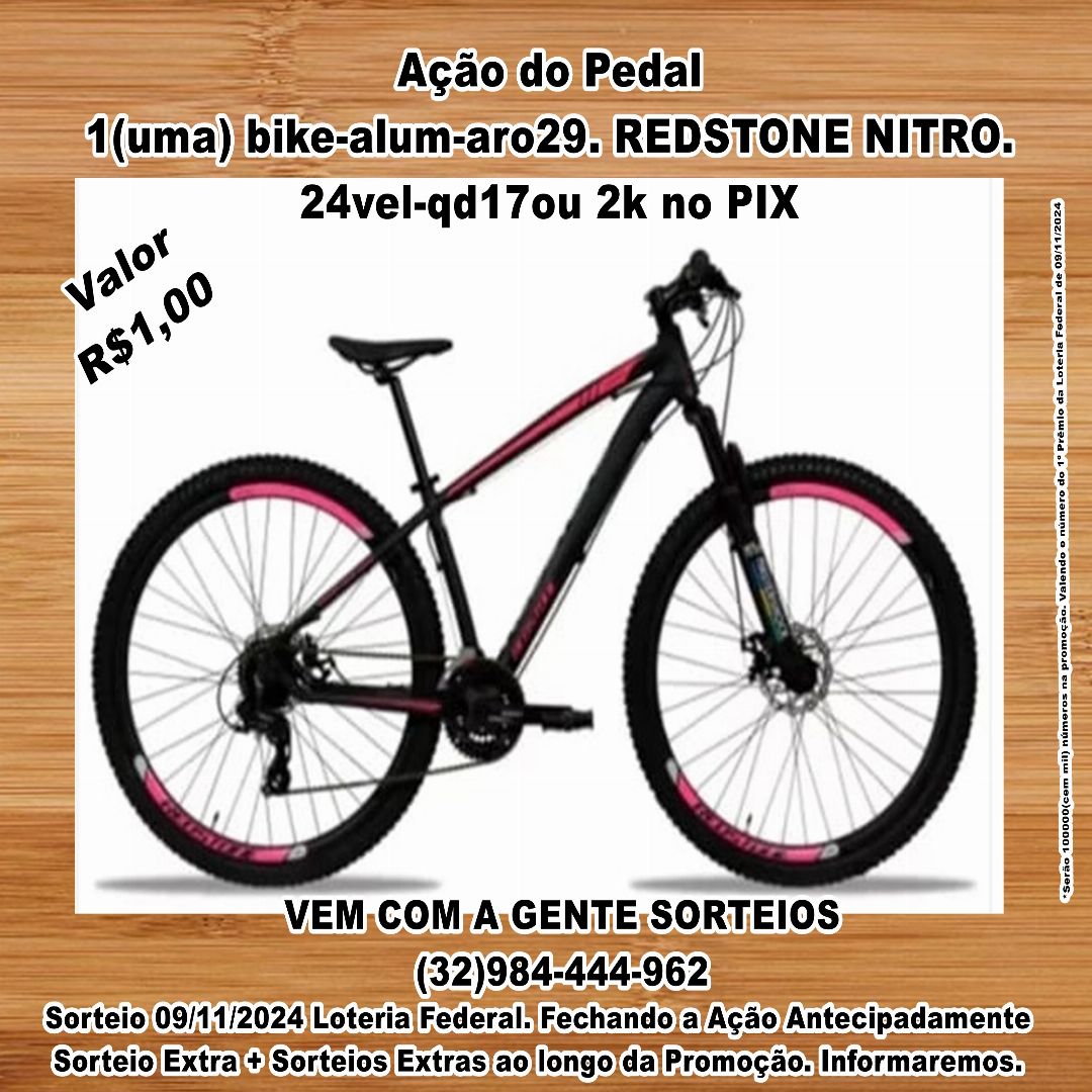 Ação do Pedal. 1(uma) bike-alum-aro29. REDSTONE NITRO. 24vel-qd17ou 2k no PIX